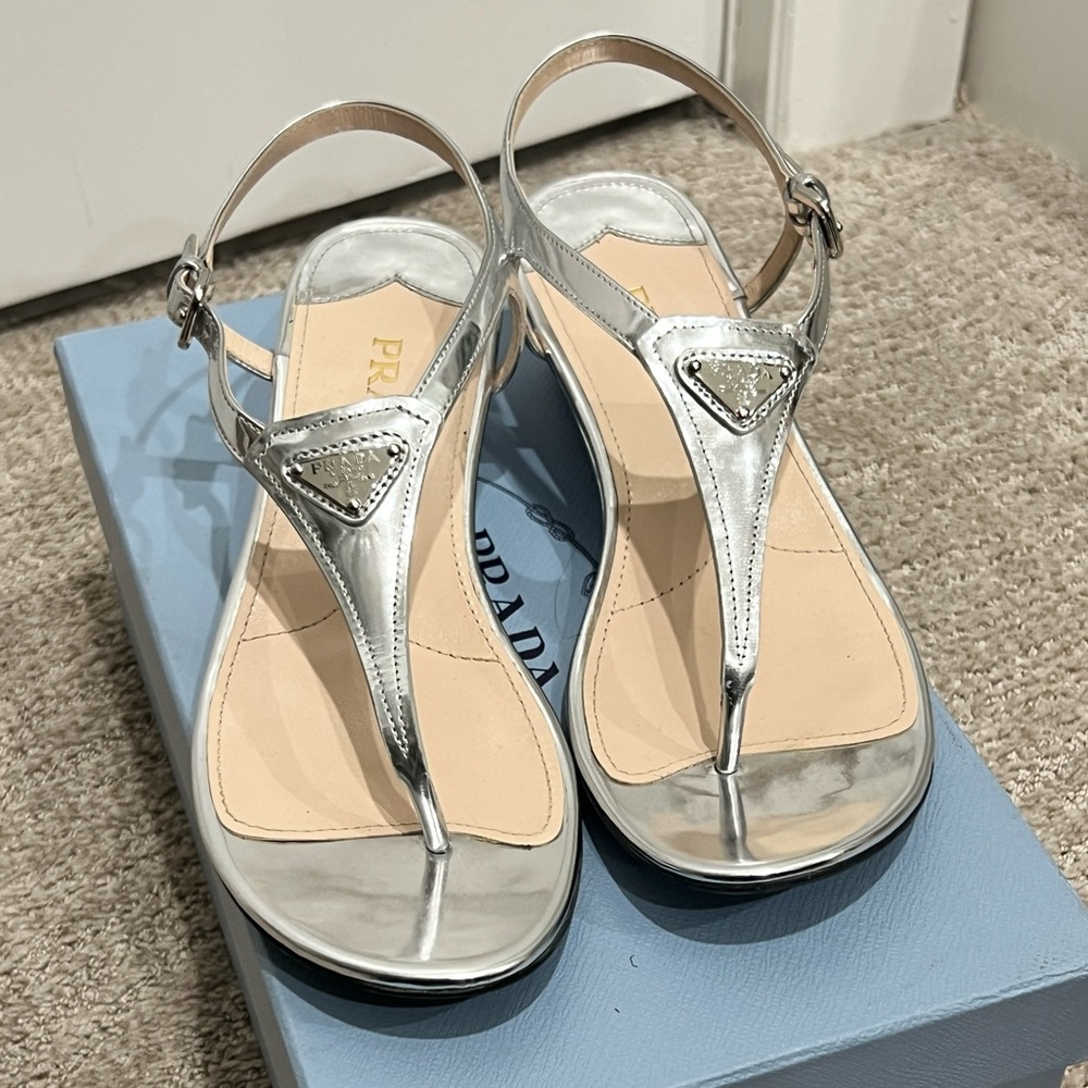 Prada- Women’s Logo Metallic Leather Wedge Sandals size EU 38.5